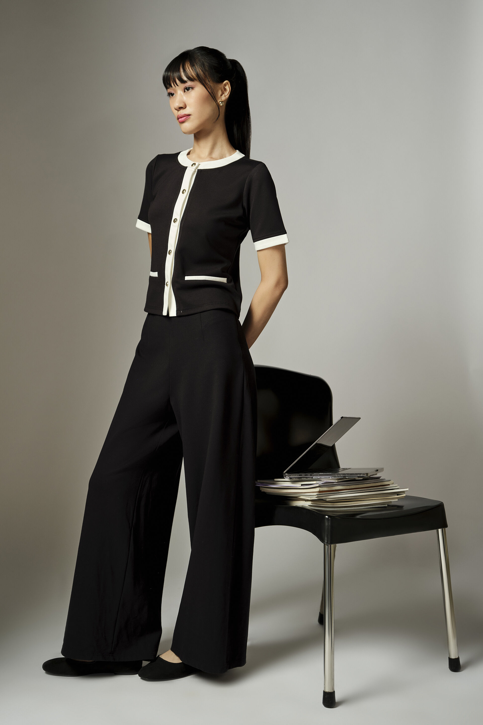 Black Contrast Trim Knit Top, Black, image 3